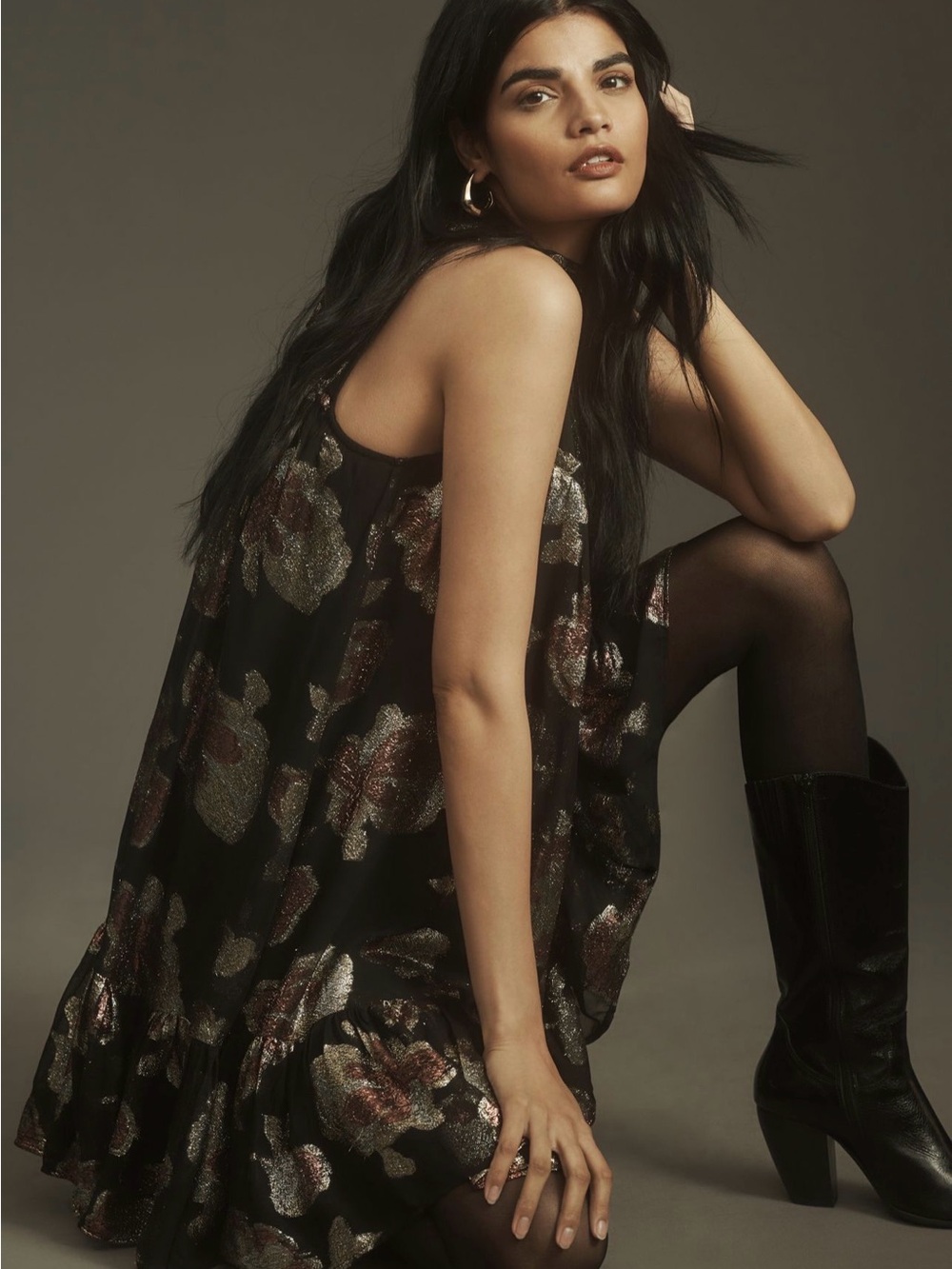 Sleeveless Black Metallic Floral Mini Dress